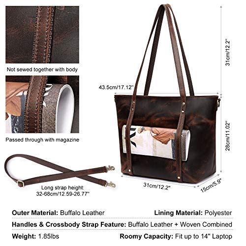 S-ZONE Genuine Leather Tote Bag for Women Vintage Shoulder Handbag Purse with Crossbody Strap Medium