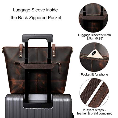 S-ZONE Genuine Leather Tote Bag for Women Vintage Shoulder Handbag Purse with Crossbody Strap Medium