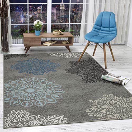 Antep Rugs Alfombras Modern Floral 5x7 Non-Skid (Non-Slip) Low Profile Pile Rubber Backing Indoor Area Rugs (Gray, 5' x 7')