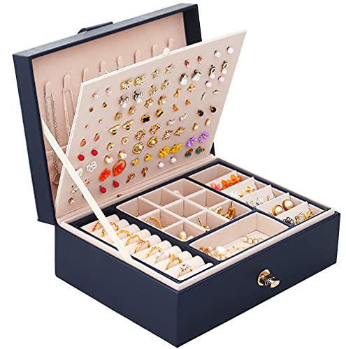 QBestry Stud Earring Organizer for Women Girl Mens Jewelry Box for Earrings Necklace Jewelry Organizer,Girls Earring Box for Womens Necklace Holder Rings Organizer Bracelet Earring Storage Case,Blue