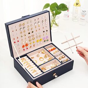 QBestry Stud Earring Organizer for Women Girl Mens Jewelry Box for Earrings Necklace Jewelry Organizer,Girls Earring Box for Womens Necklace Holder Rings Organizer Bracelet Earring Storage Case,Blue