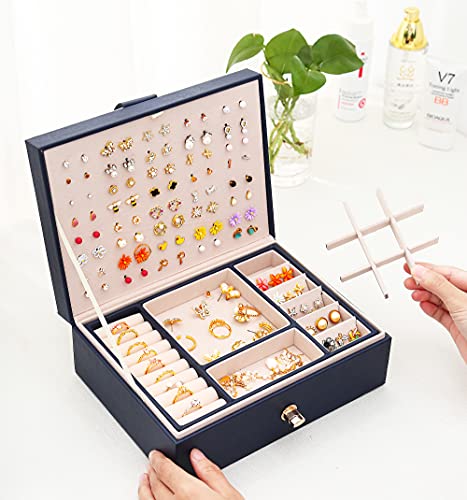 QBestry Stud Earring Organizer for Women Girl Mens Jewelry Box for Earrings Necklace Jewelry Organizer,Girls Earring Box for Womens Necklace Holder Rings Organizer Bracelet Earring Storage Case,Blue