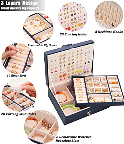 QBestry Stud Earring Organizer for Women Girl Mens Jewelry Box for Earrings Necklace Jewelry Organizer,Girls Earring Box for Womens Necklace Holder Rings Organizer Bracelet Earring Storage Case,Blue