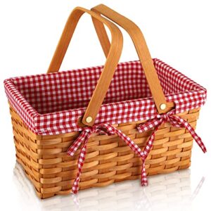 yesland picnic basket, natural woven basket with double folding handles, woodchip basket & organizer blanket storage for egg gathering, wedding, candy gift & toy (13 x 8 x 6-1/4 inches)