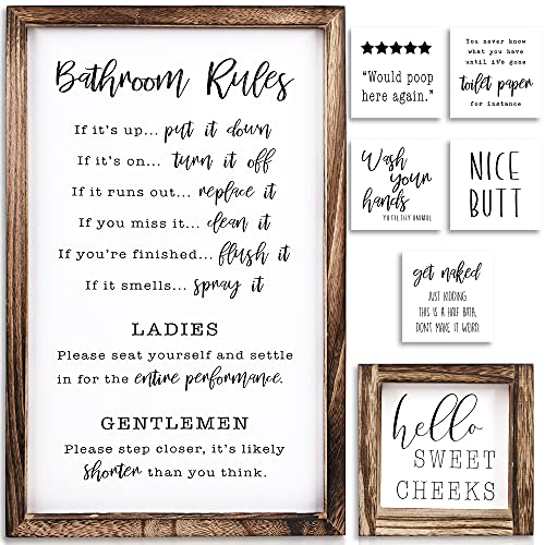 KIBAGA Farmhouse Bathroom Decor Set of 2 - Funny Interchangeable Wall Signs That Will Bring a Good Laugh to Your Bathroom - Rustic Wooden Picture Frames with Unique Sayings are Perfect for Your Home