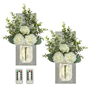 TenXVI Designs Remote Controlled Mason Jar Sconces with Roses and Eucalyptus - Set of 2 - Rustic Farmhouse, Boho, Country Western Home Wall Decoration for a Dining Room, Living Room, Bedroom - Gray