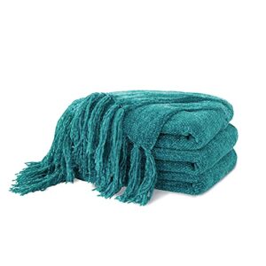 accotia teal chenille throw blanket for couch, super soft fluffy throw blanket for chair, 50x60inches – warm decorative blankets with tassels for home décor, bed and living room (50″x60″, teal)