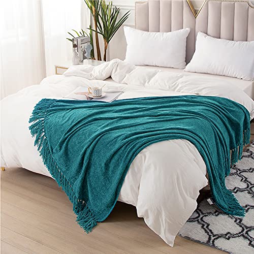 ACCOTIA Teal Chenille Throw Blanket for Couch, Super Soft Fluffy Throw Blanket for Chair, 50X60inches - Warm Decorative Blankets with Tassels for Home Décor, Bed and Living Room (50"X60", Teal)