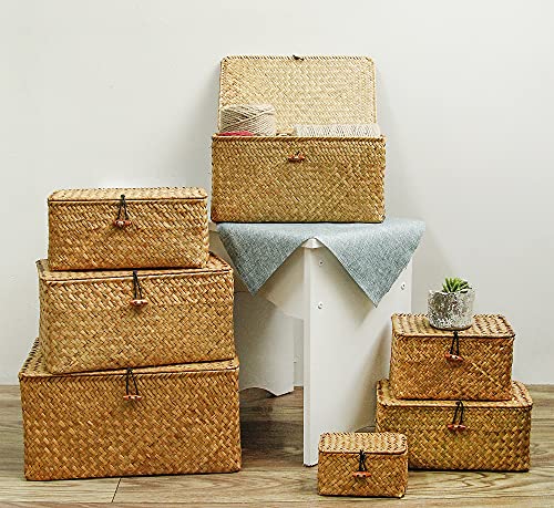 FEILANDUO Shelf Baskets with Lids Set of 3 for Home Decor Seagrass Storage Baskets Wicker Rattan Woven Rectangular Organizer Boxes ((Large) S/M/L, Original)