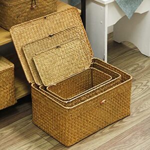 FEILANDUO Shelf Baskets with Lids Set of 3 for Home Decor Seagrass Storage Baskets Wicker Rattan Woven Rectangular Organizer Boxes ((Large) S/M/L, Original)