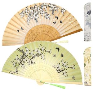 zolee 2 pieces small folding hand fans – chinese japanese vintage bamboo silk fans – for dance, performance, decoration, wedding, party，gift (0306)