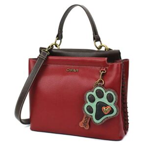 chala charming satchel with adjustable strap – paw print – burgundy