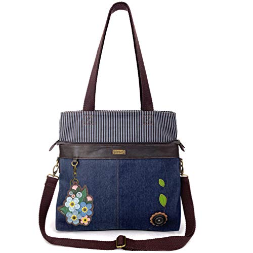 Chala Canvas Convertible Denim Blue Stripe Work Tote (Denim_ Blue Flower)