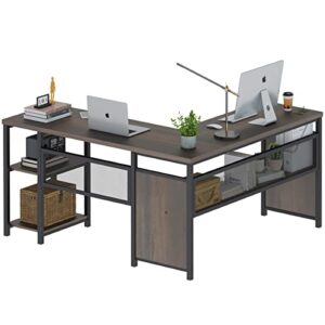 fatorri l shaped computer desk, industrial home office desk with shelves, rustic wood and metal corner desk (walnut brown, 59 inch)