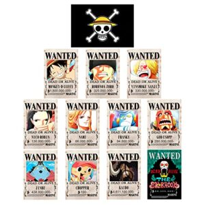 12pcs new edition op pirates wanted posters, 16.6×11.7in luffy 1.5 billion, straw hat pirates crew with pirate flag poster, luffy chopper zoro nami usopp sanji jinbe franky brook robin(high-end version)