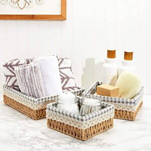 Set of 3 Rectangular Wicker Baskets with Removable Liner, Woven Storage Shelves (3 Sizes)