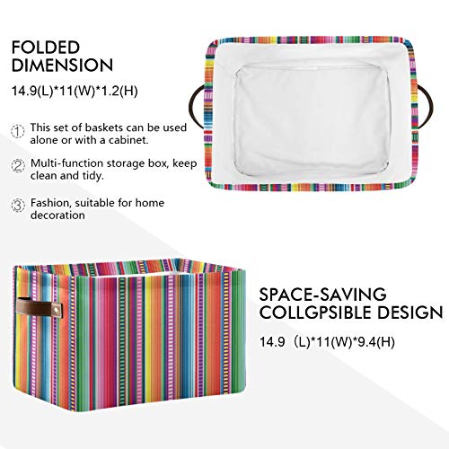 Mazeann Cinco De Mayo Serape Stripes Storage Basket Bin Collapsible Foldable for Clothes Toys Storage Cabinets Waterproof Storage Box 15 x 11 x 9.5 inches, Mexican Sarape Fiesta, 2PCS