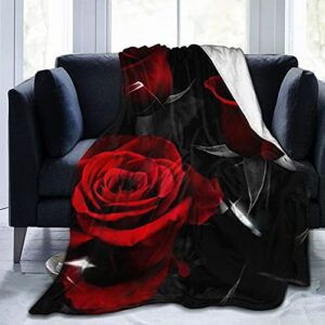 hbnwqua red rose blanket throw super soft lightweight flannel blanket for living room bedroom bed sofa 80×60 inches, black