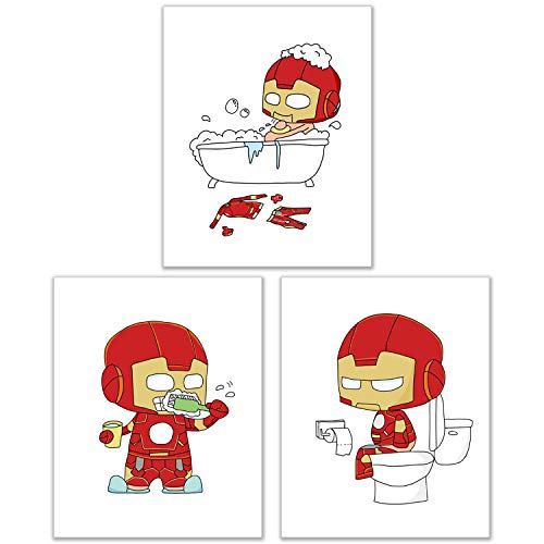 Iron Man Bathroom Photos- Set of 3 (8 inches x 10 inches) Tony Stark Poster Prints