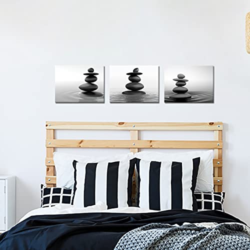 Apicoture Zen Stones Art Wall Decor Pictures - Black And White Canvas Prints For Modern Home Wall Spa Room Bathroom Wall Decorations 12"X 16"X 3 Pieces