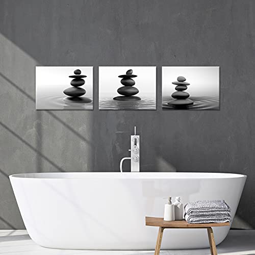 Apicoture Zen Stones Art Wall Decor Pictures - Black And White Canvas Prints For Modern Home Wall Spa Room Bathroom Wall Decorations 12"X 16"X 3 Pieces