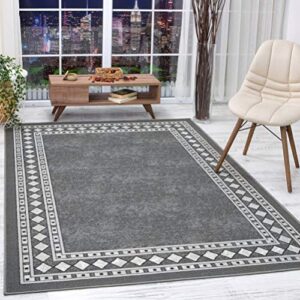 antep rugs alfombras modern bordered 5×7 non-skid (non-slip) low profile pile rubber backing indoor area rugs (gray, 5′ x 7′)