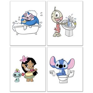 lilo and stitch bathroom photos – set of 4 (8 inches x 10 inches) kids prints