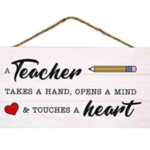 GSM Brands Teacher Takes a Hand Wood Plank Hanging Sign for School Decor (13.75 x 6.9 Inches)