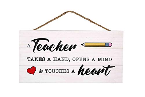 GSM Brands Teacher Takes a Hand Wood Plank Hanging Sign for School Decor (13.75 x 6.9 Inches)