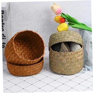 tJexePYK Mini Wicker Storage Baskets with Lid Natural Round Desktop Storage Basket Japanese Style Small Spun Wicker Basket Box