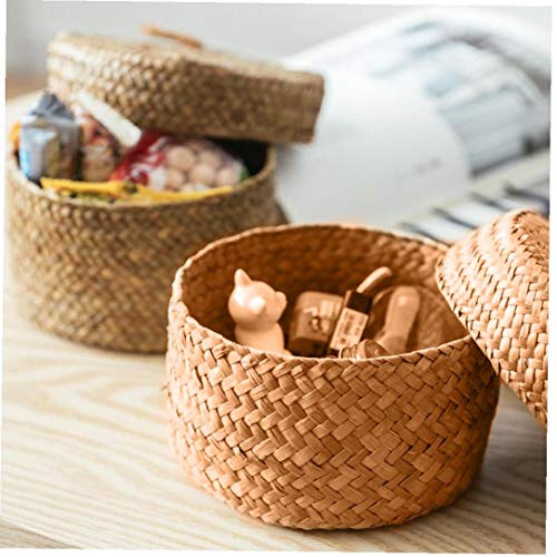 tJexePYK Mini Wicker Storage Baskets with Lid Natural Round Desktop Storage Basket Japanese Style Small Spun Wicker Basket Box