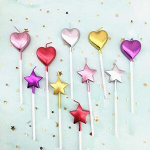 kacat 10 cute heart shaped and star birthday candles multi-color cake candle toppers for party wedding cake decoration supplies (heart style+star style) (heart +star 10)
