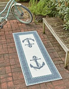 unique loom outdoor coastal collection abstract, anchor, vintage, contemporary, border, ropes area rug (2′ 0 x 8′ 0 runner, navy blue/ivory)