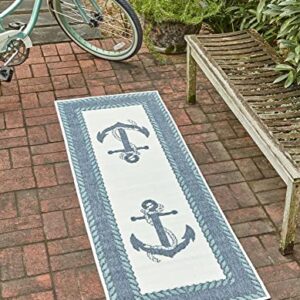 Unique Loom Outdoor Coastal Collection Abstract, Anchor, Vintage, Contemporary, Border, Ropes Area Rug (2' 0 x 8' 0 Runner, Navy Blue/Ivory)