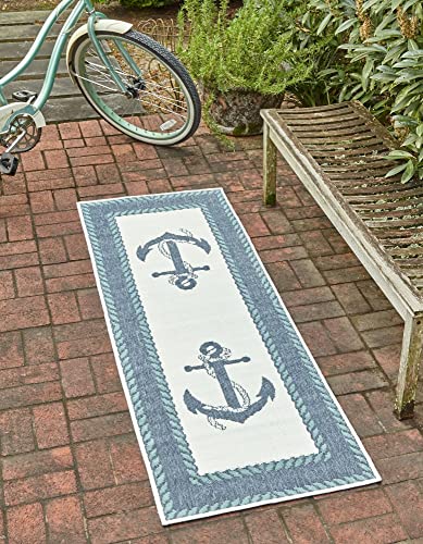 Unique Loom Outdoor Coastal Collection Abstract, Anchor, Vintage, Contemporary, Border, Ropes Area Rug (2' 0 x 8' 0 Runner, Navy Blue/Ivory)