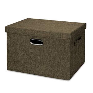 foldable storage bins with lid, collapsible linen fabric clothing toy storage box cubes basket containers for shelf cabinet bookcase boxes (brown, medium(15x10x10inch))