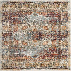 Unique Loom Isabella Collection Distressed Botanical Ivory/Multi Square Rug (5' 0 x 5' 0)