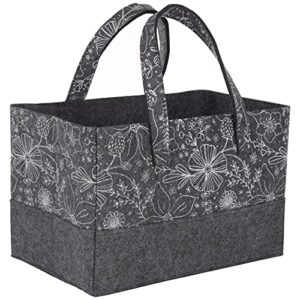 floral felt essential storage tote; gray, white; collapsible; two handles; 15 in x 10 in x 10 in