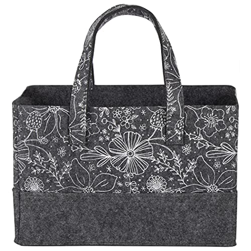 Floral Felt Essential Storage Tote; Gray, White; Collapsible; Two Handles; 15 in x 10 in x 10 in