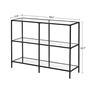 VASAGLE 39.4 Inch Console Sofa Table with 3 Shelves, Steel Frame, Tempered Glass Shelf, Modern Style, for Entryway Living Room Bedroom, Black Color ULGT027B01