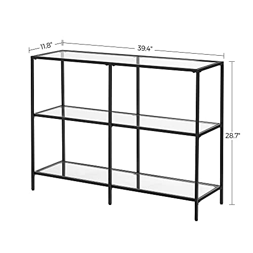 VASAGLE 39.4 Inch Console Sofa Table with 3 Shelves, Steel Frame, Tempered Glass Shelf, Modern Style, for Entryway Living Room Bedroom, Black Color ULGT027B01