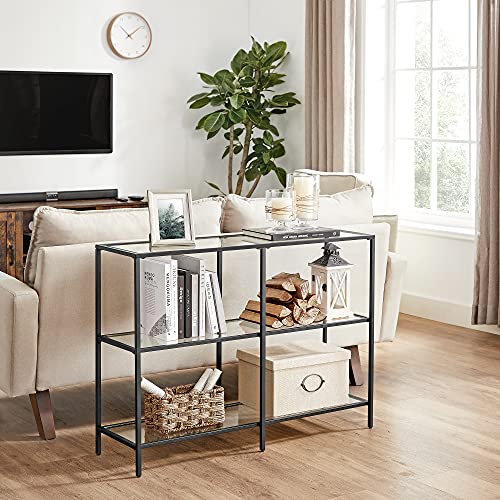 VASAGLE 39.4 Inch Console Sofa Table with 3 Shelves, Steel Frame, Tempered Glass Shelf, Modern Style, for Entryway Living Room Bedroom, Black Color ULGT027B01