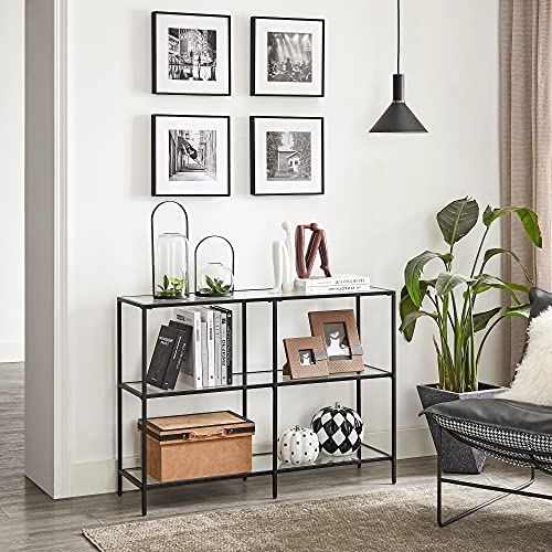 VASAGLE 39.4 Inch Console Sofa Table with 3 Shelves, Steel Frame, Tempered Glass Shelf, Modern Style, for Entryway Living Room Bedroom, Black Color ULGT027B01