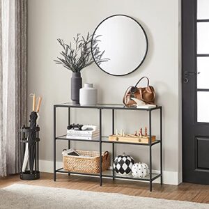 VASAGLE 39.4 Inch Console Sofa Table with 3 Shelves, Steel Frame, Tempered Glass Shelf, Modern Style, for Entryway Living Room Bedroom, Black Color ULGT027B01