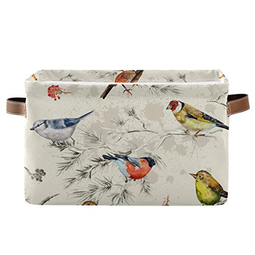 HMZXZ Retro Spring Summer Birds Canvas Fabric Storage Basket Collapsible Toys Storage Bin with PU Leather Handles Basket Box Organizer for Wardrobe Closet Shelves Organiser