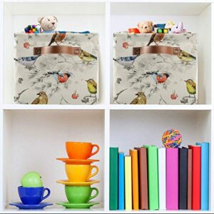 HMZXZ Retro Spring Summer Birds Canvas Fabric Storage Basket Collapsible Toys Storage Bin with PU Leather Handles Basket Box Organizer for Wardrobe Closet Shelves Organiser