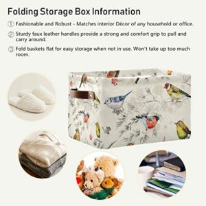 HMZXZ Retro Spring Summer Birds Canvas Fabric Storage Basket Collapsible Toys Storage Bin with PU Leather Handles Basket Box Organizer for Wardrobe Closet Shelves Organiser