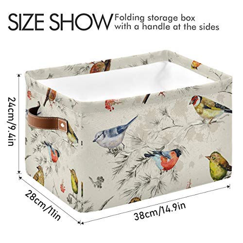 HMZXZ Retro Spring Summer Birds Canvas Fabric Storage Basket Collapsible Toys Storage Bin with PU Leather Handles Basket Box Organizer for Wardrobe Closet Shelves Organiser