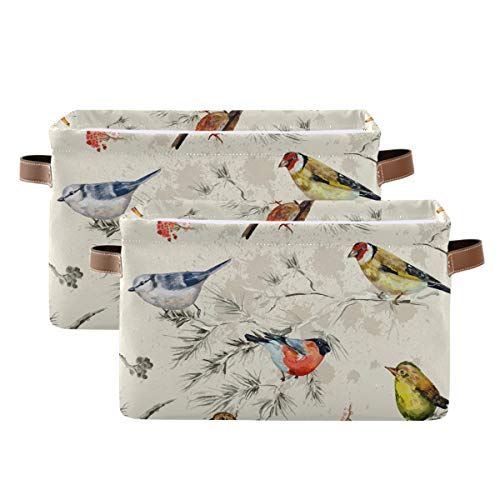 HMZXZ Retro Spring Summer Birds Canvas Fabric Storage Basket Collapsible Toys Storage Bin with PU Leather Handles Basket Box Organizer for Wardrobe Closet Shelves Organiser