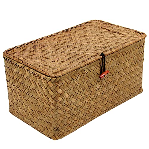 Casaphoria Large Square Sea Grass Baskets for Storage Seaweed Woven Sundries Baskets Sturdy and Durable Natural Material for Make-up with Lid Big Rectangular Seagrass Towel Baskets for Organizing